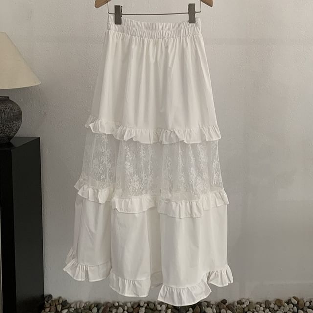 Maxi A-Line Skirt with Ruffle Trim and Lace Panel