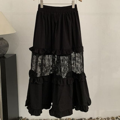 Maxi A-Line Skirt with Ruffle Trim and Lace Panel