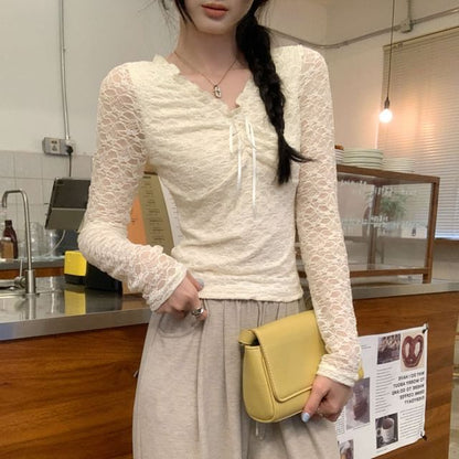 Long-Sleeve V-Neck Lace T-Shirt