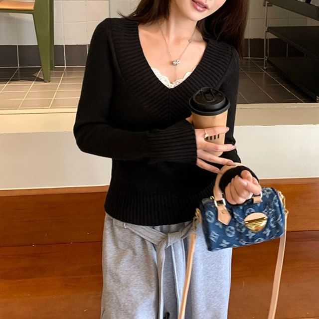 V-Neck Lace Trim Sweater