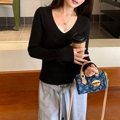 V-Neck Lace Trim Sweater