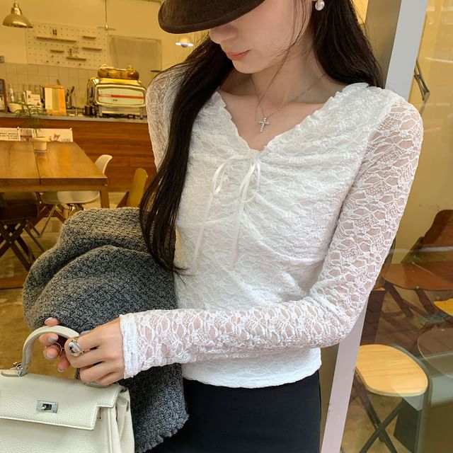 Long-Sleeve V-Neck Lace T-Shirt
