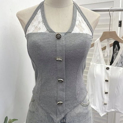 Halter Neck Lace Insert Camisole Top