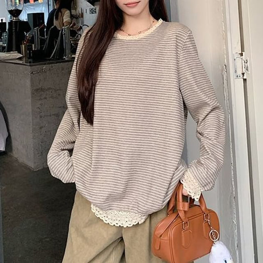 Round Neck Striped Panel Lace Top