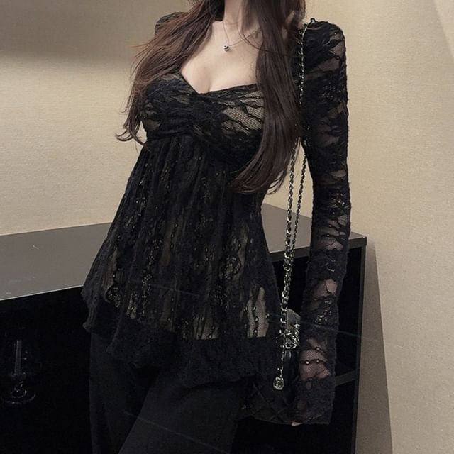 Long Sleeve Sweetheart Lace Overlay Blouse