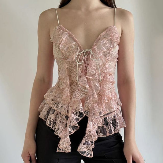 Spaghetti Strap V Neck Lace Ruffle Camisole Top