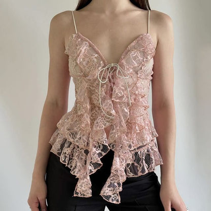 Spaghetti Strap V Neck Lace Ruffle Camisole Top