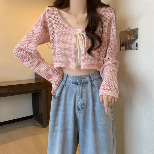 V-Neck Tie Dye Perforated Tie Front Crop Cardigan