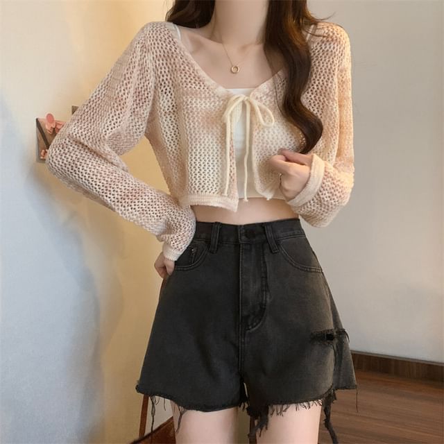 V-Neck Tie Dye Perforated Tie Front Crop Cardigan