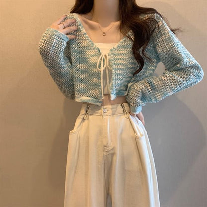 V-Neck Tie Dye Perforated Tie Front Crop Cardigan