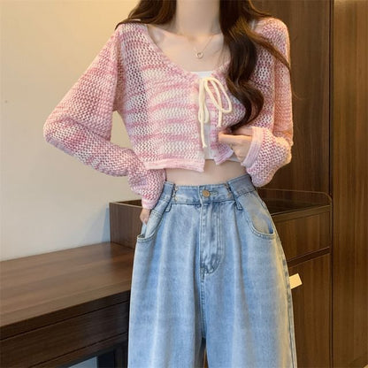 V-Neck Tie Dye Perforated Tie Front Crop Cardigan
