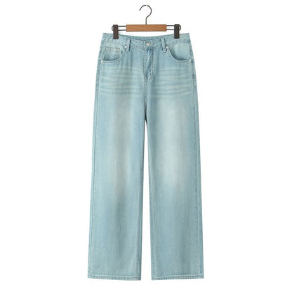 Knit Tube Top, Washed Wide-Leg Jeans, and Long Sleeve Shirt