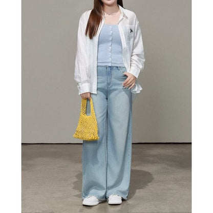 Knit Tube Top, Washed Wide-Leg Jeans, and Long Sleeve Shirt