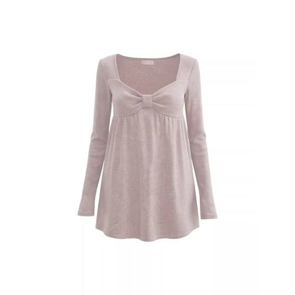 Ruched Solid V-Neck Long-Sleeve Tee