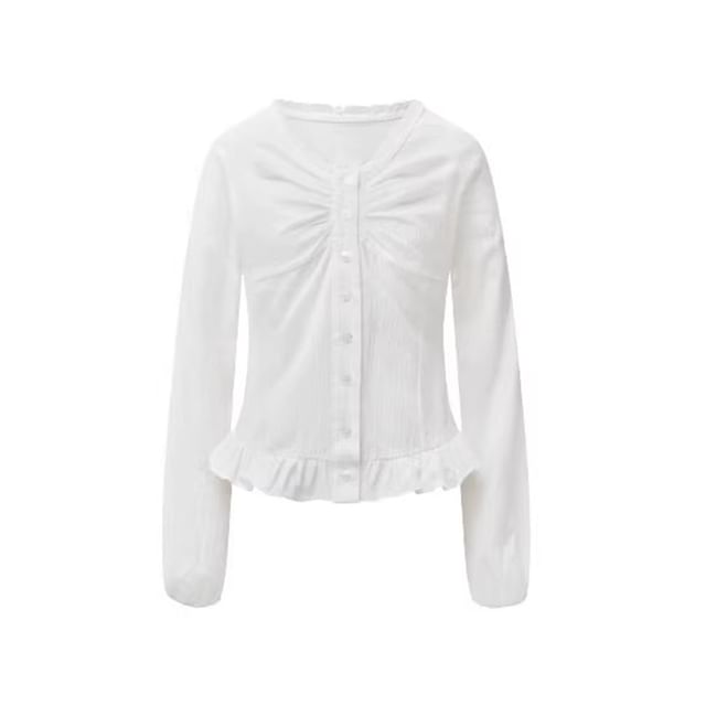 Frill Trim Ruched Button-Up Long-Sleeve Blouse