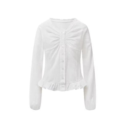 Frill Trim Ruched Button-Up Long-Sleeve Blouse