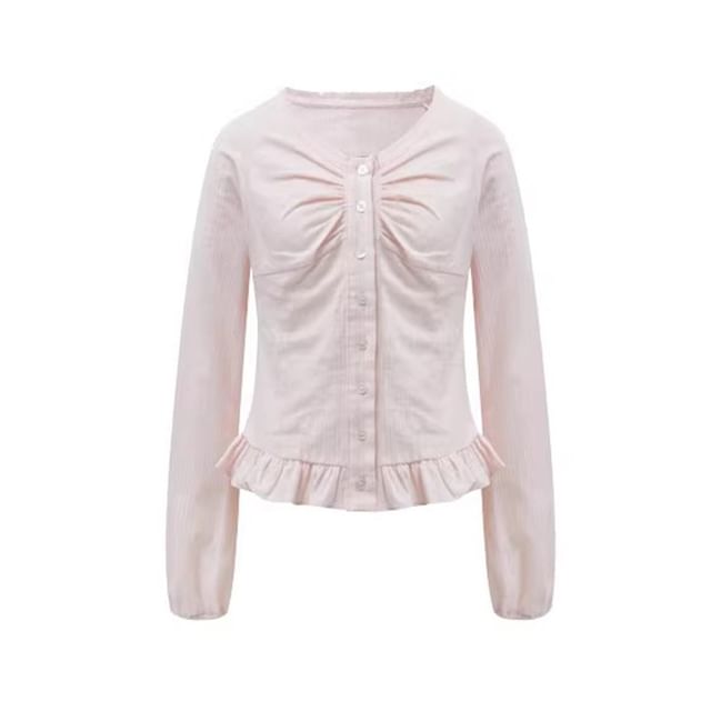 Frill Trim Ruched Button-Up Long-Sleeve Blouse