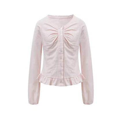 Frill Trim Ruched Button-Up Long-Sleeve Blouse