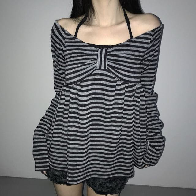 Off-Shoulder Striped Long-Sleeve Tee