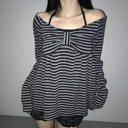 Off-Shoulder Striped Long-Sleeve Tee