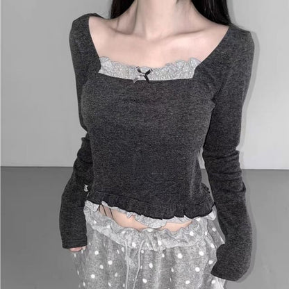 Micro Dot Frill Trim Square Neck Crop Tee