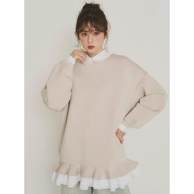 Ruffled Hem Collared Oversized Sweatshirt