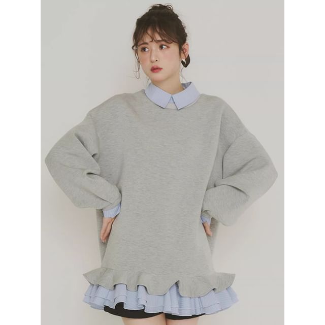 Ruffled Hem Collared Oversized Sweatshirt