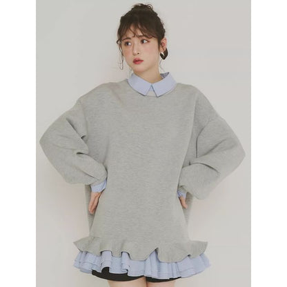 Ruffled Hem Collared Oversized Sweatshirt