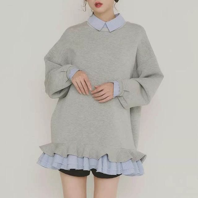 Ruffled Hem Collared Oversized Sweatshirt