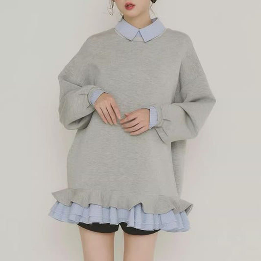 Ruffled Hem Collared Oversized Sweatshirt