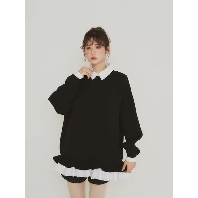 Ruffled Hem Collared Oversized Sweatshirt
