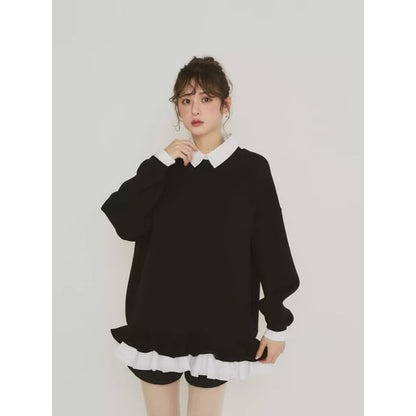 Ruffled Hem Collared Oversized Sweatshirt