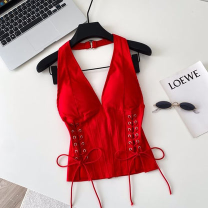 Halter V-Neck Lace Up Camisole Top