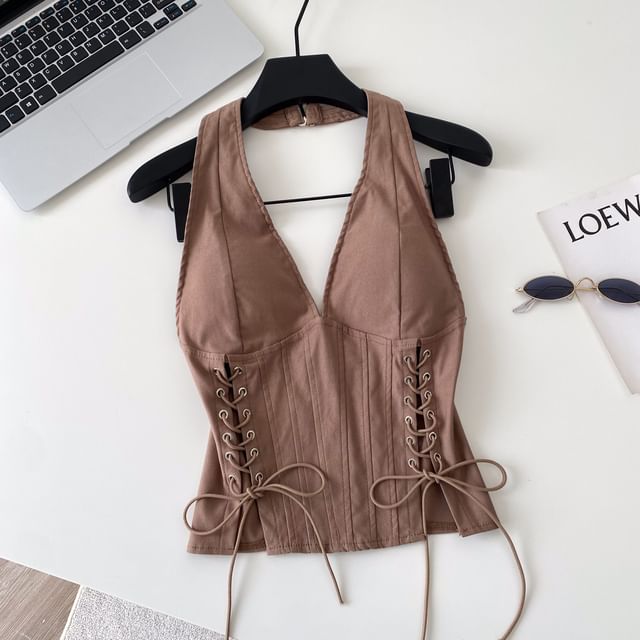 Halter V-Neck Lace Up Camisole Top