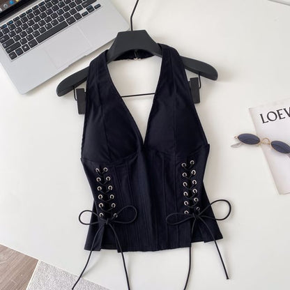Halter V-Neck Lace Up Camisole Top