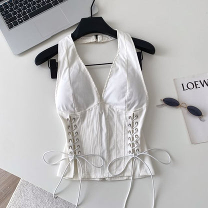 Halter V-Neck Lace Up Camisole Top