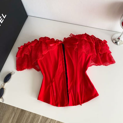 Short-Sleeve Off Shoulder Lace Panel Bustier Top