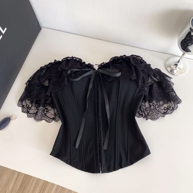 Short-Sleeve Off Shoulder Lace Panel Bustier Top