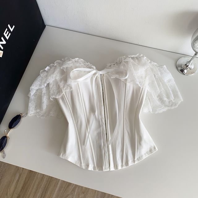 Short-Sleeve Off Shoulder Lace Panel Bustier Top