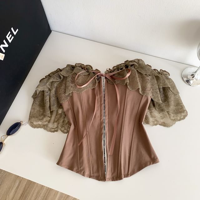 Short-Sleeve Off Shoulder Lace Panel Bustier Top