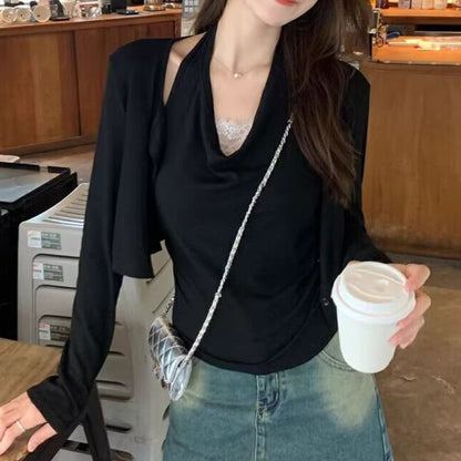 Set: Halter-Neck Plain Top + Open Front Cardigan