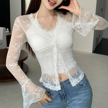 Flared Cuff V Neck Knotted Lace Blouse