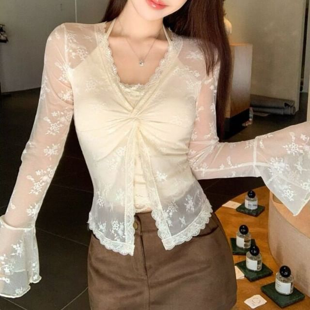 Flared Cuff V Neck Knotted Lace Blouse