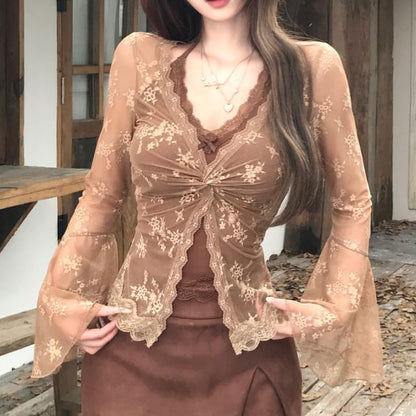 Flared Cuff V Neck Knotted Lace Blouse