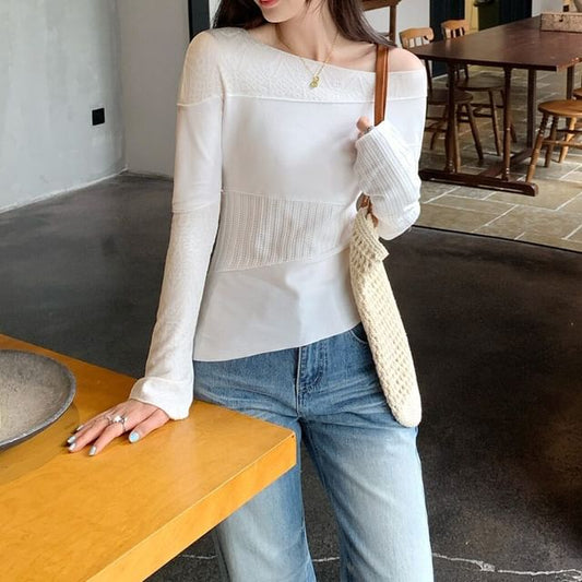 One Shoulder Lace Panel Long Sleeve Top
