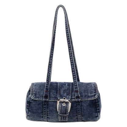 Washed Flap Buckled Denim Shoulder Bag