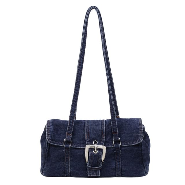 Washed Flap Buckled Denim Shoulder Bag