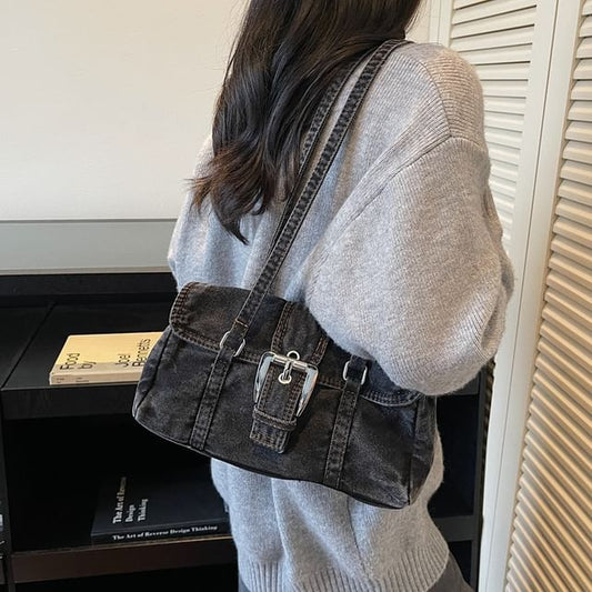 Washed Flap Buckled Denim Shoulder Bag