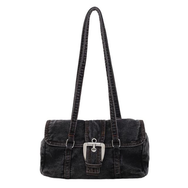 Washed Flap Buckled Denim Shoulder Bag