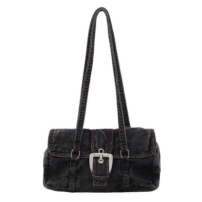 Washed Flap Buckled Denim Shoulder Bag